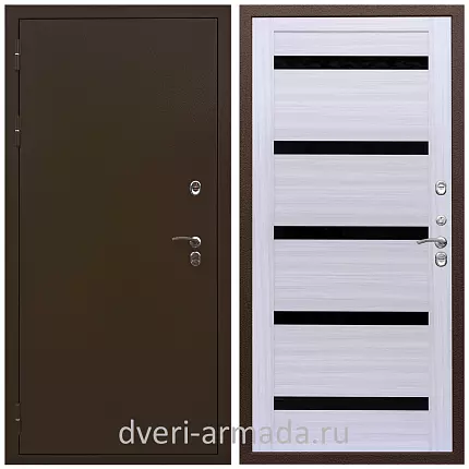 Дверь входная уличная в дом Армада Термо Молоток коричневый/ МДФ 16 мм СБ-14 Сандал белый стекло черное